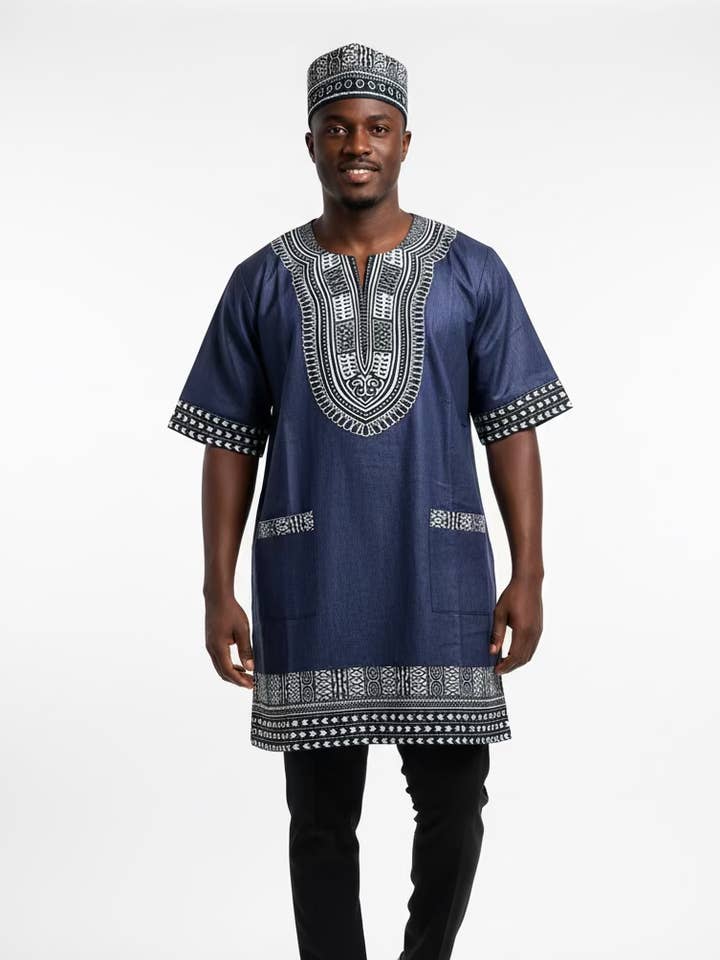 Tunic Shirt / Men Denim Dashiki With Kufi Hat- Dark Green 106 for wholesale by India Batik