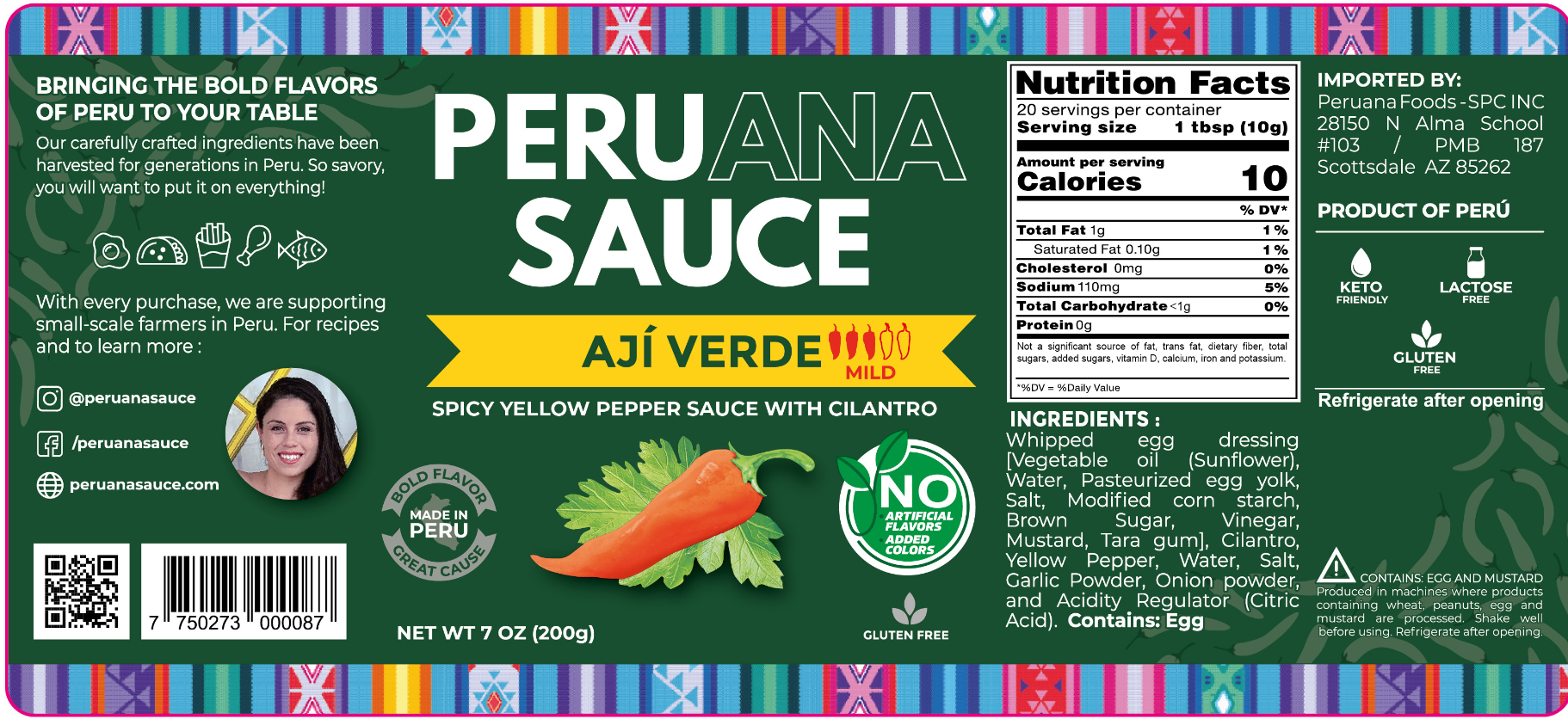 Peruana Foods - SPC - Wholesale Hot Sauce - Aji Verde Gormt Spicy Yllw Ppr Sauce+Cilntr,7oz,Mild,GF,Keto1
