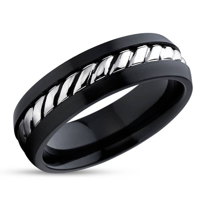 Black Zirconium Wedding Ring - 14k White Gold - Black Wedding Ring - Black Zirconium Ring for wholesale by Lucky Love Rings