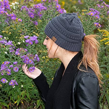 Funky Junque - Wholesale Beanie - Women's - Criss Cross BeanieTail Messy Bun Beanie - Charcoal2