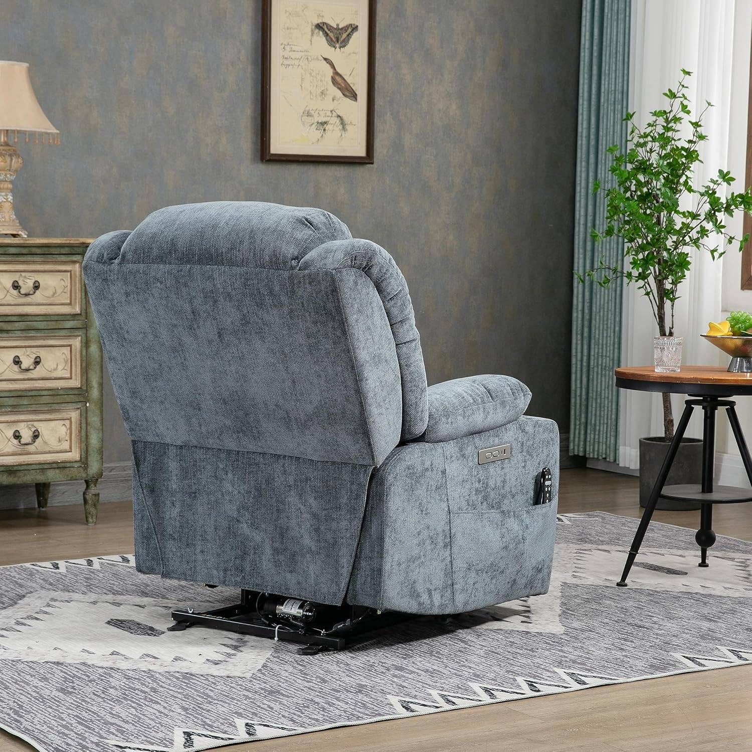 Power Lift Recliner Chair With Full Body Massage And Heat In Elegant Blue Chenille Fabric for wholesale on Faire4