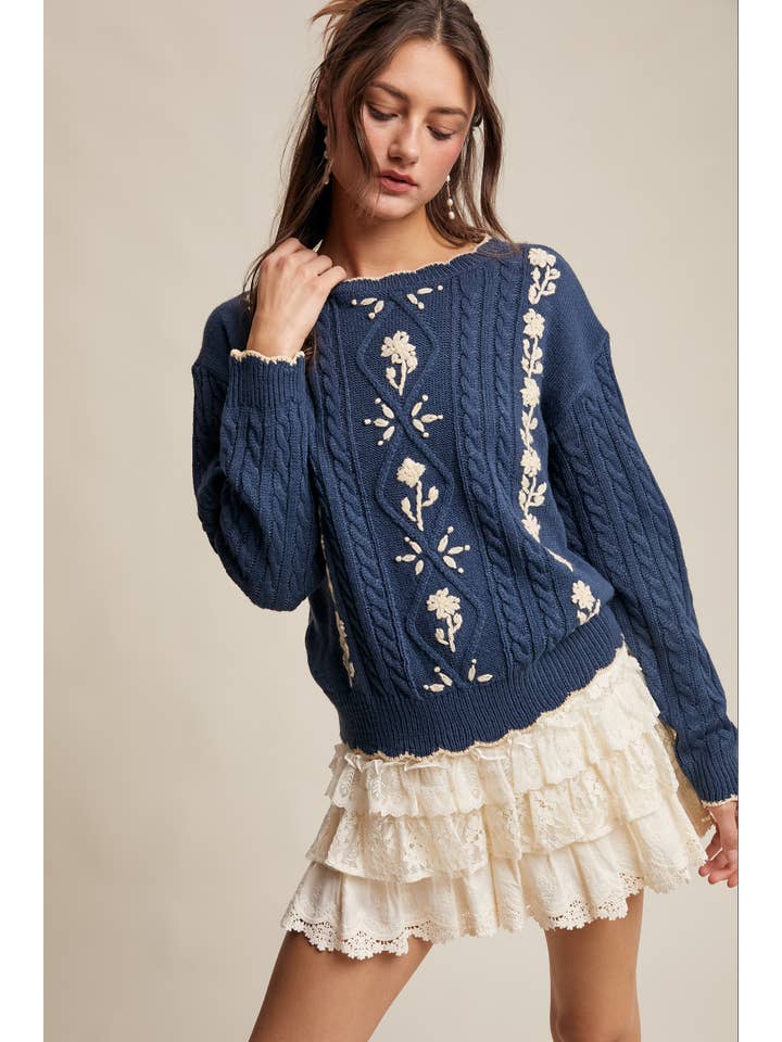 Listicle - Wholesale Pullover-trui - Dames - Gebreide Trui met Bloemenborduursel en Kabelpatroon25