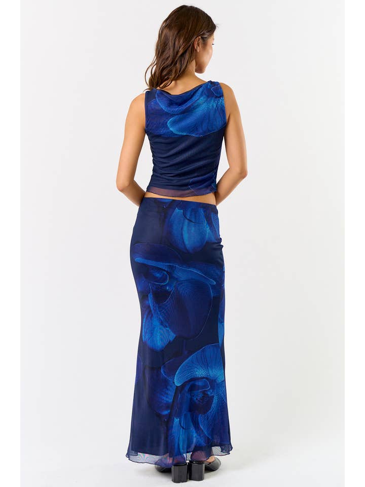 Blue BS113 FLORAL PRINTED MESH TOP W/ MIDI SKIRT SET for wholesale on Faire