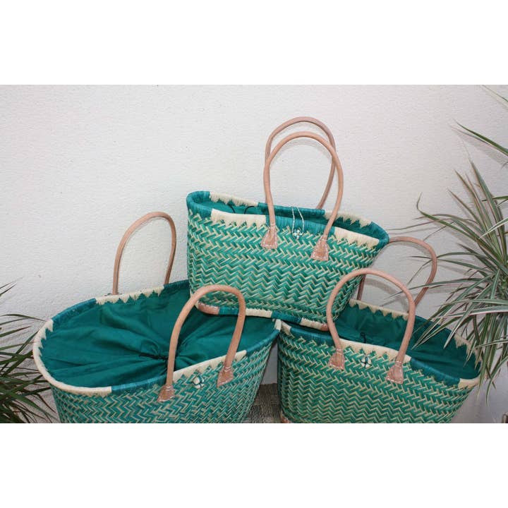 Boutique Huléti – Großhandel Strandtaschen – Türkisfarbener XXL-Korb aus Madagascar mit Beutelstoff — 3 Größen — Einkaufstasche, Einkaufstasche, Märkte, Strandtasche