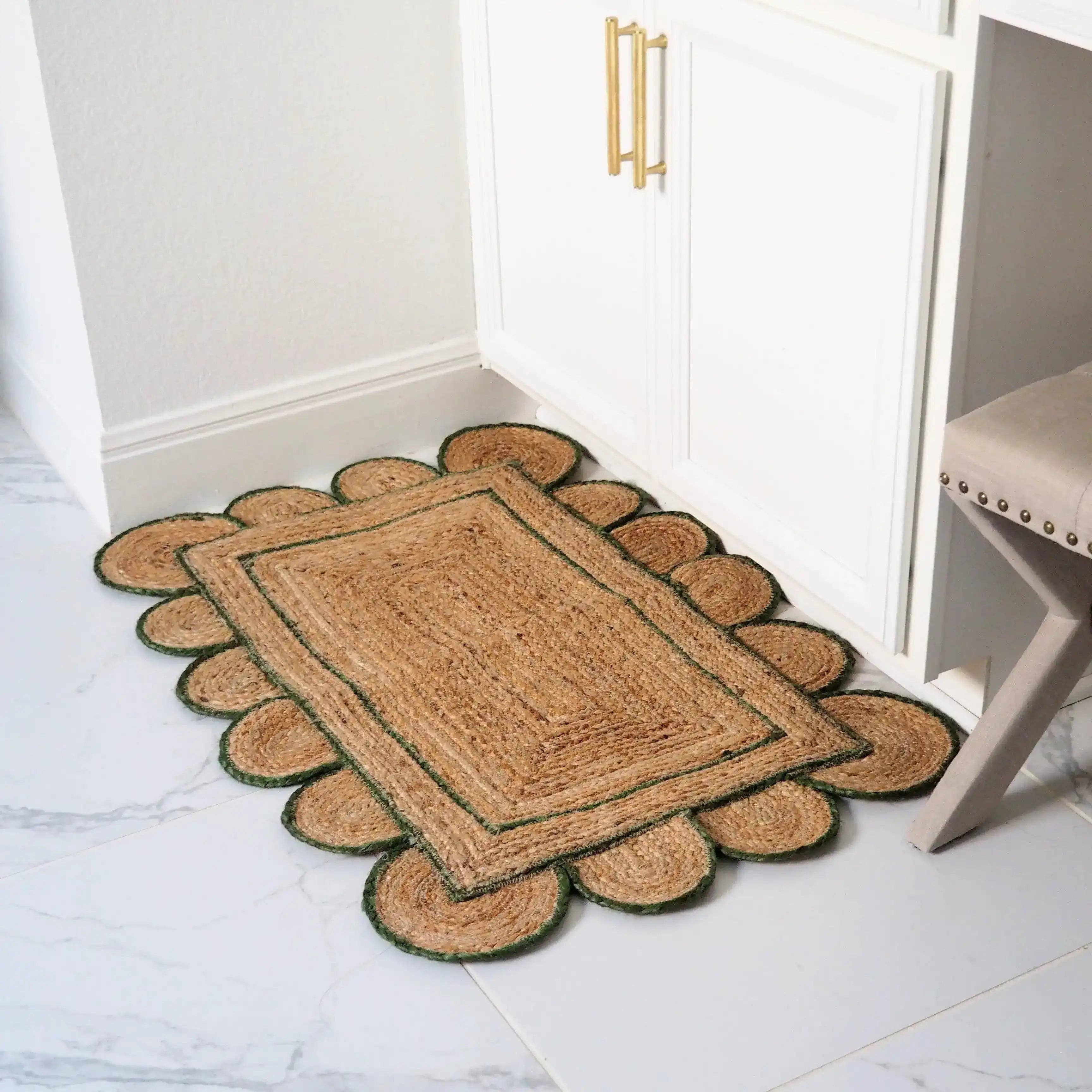 Maia Homes - Vente Tapis - Tapis artisanal vert en jute à bord scallopé3