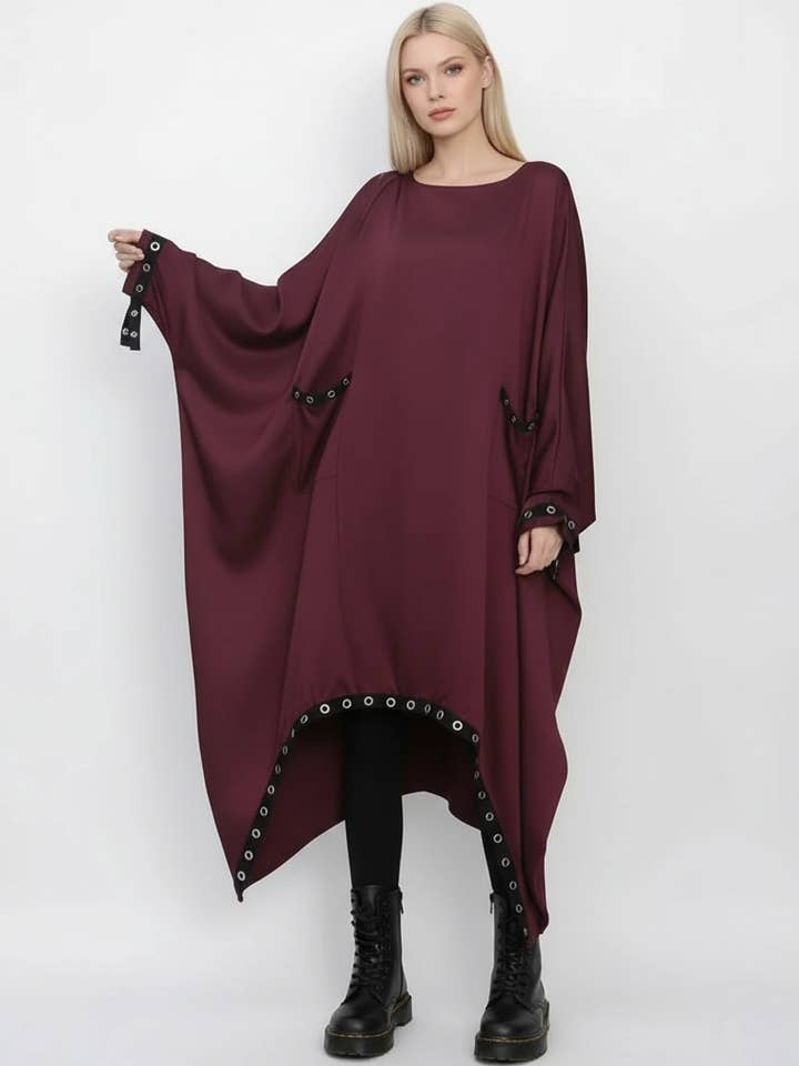 Eyelet-Trim Oversized Pullover Dress — Burgundy Red for wholesale by Simple Moderne