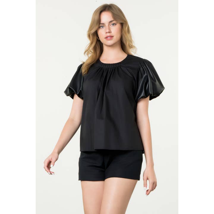 Leather Puff Sleeve Poplin Top for wholesale by THML