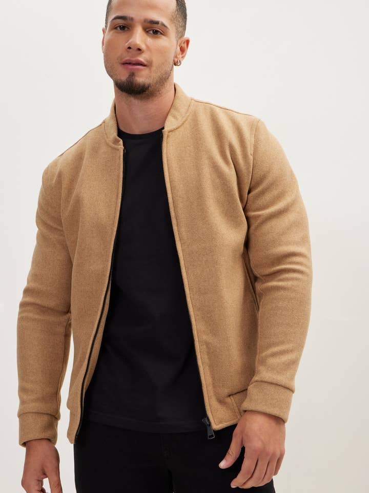 Men's Relaxed Unlined Varsity Jacket - Camel for wholesale by Ron Tomson