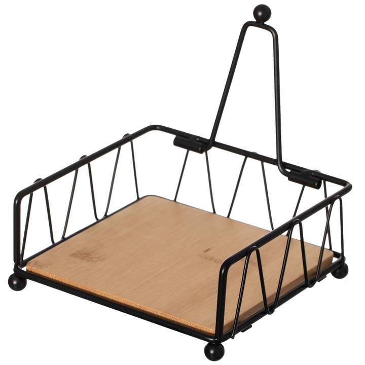 Quickway Imports – wholesale Servetthållare – Platt metall fyrkantig servetthållare med viktad arm och träbricka4