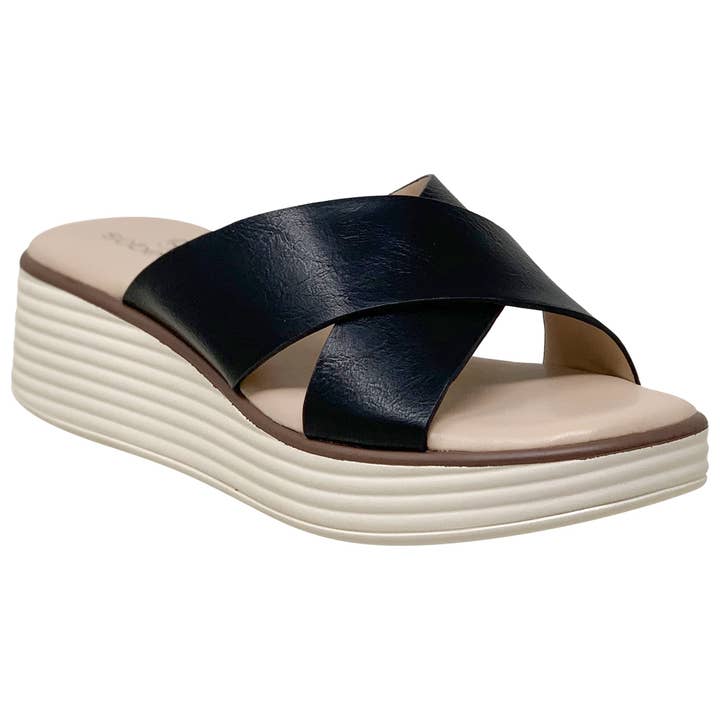 SOBEYO Criss Cross Platform Sandals Cushioned Striped Sole Black for wholesale by SOBEYO