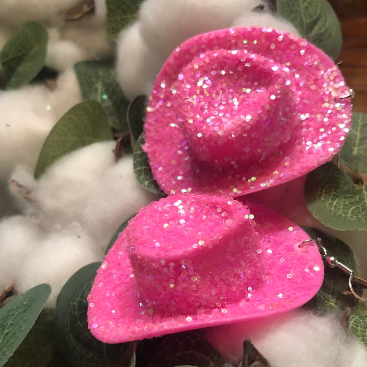 Cowgirl Hat Pink Glitter Earrings for wholesale by The Pink Hound Co Boutique