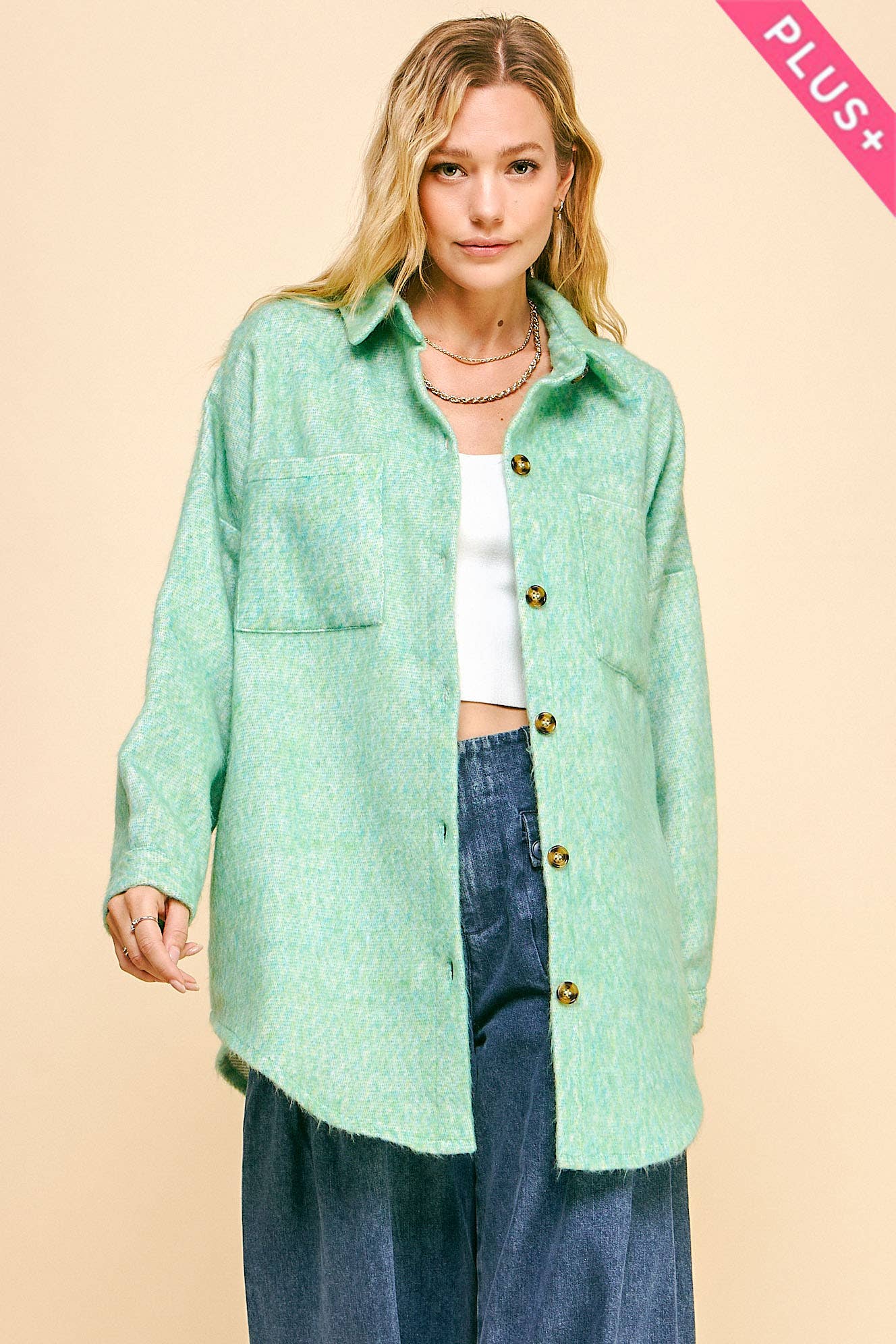MINT GREEN PLUS FUZZY TEXTURED CHEST POCKET BUTTON UP JACKET for wholesale on Faire0