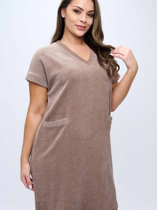 Damen Cordkleid mit V-Ausschnitt und kurzen Ärmeln für den Großhandel von Yelete