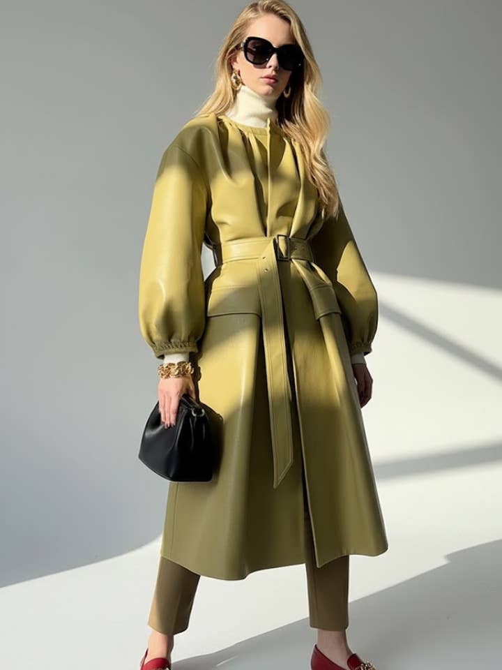 Women's Long Vegan Leather Trench Coat PISTACHIO UPPER WEST COUTURE BYMANYC ® New York for wholesale by BYMANYC NEW YORK