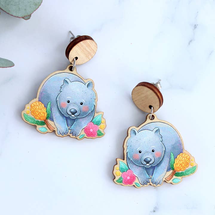Australian Wombat wooden statement earrings for wholesale by Stray Leaves