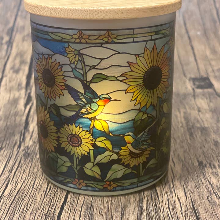 Teele and Co. - Wholesale Tea Light Candles - Sunflowers and Humming Birds Stained Glass Candle Jar with Tea Light3