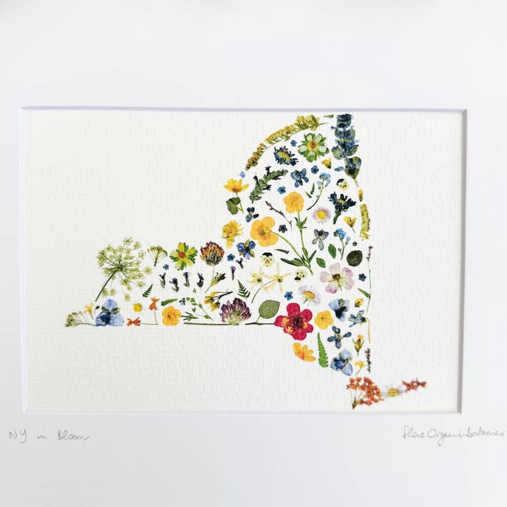 The Empire State signed matted print of New York State in pressed flowers for wholesale by FloreOrganicBotanics