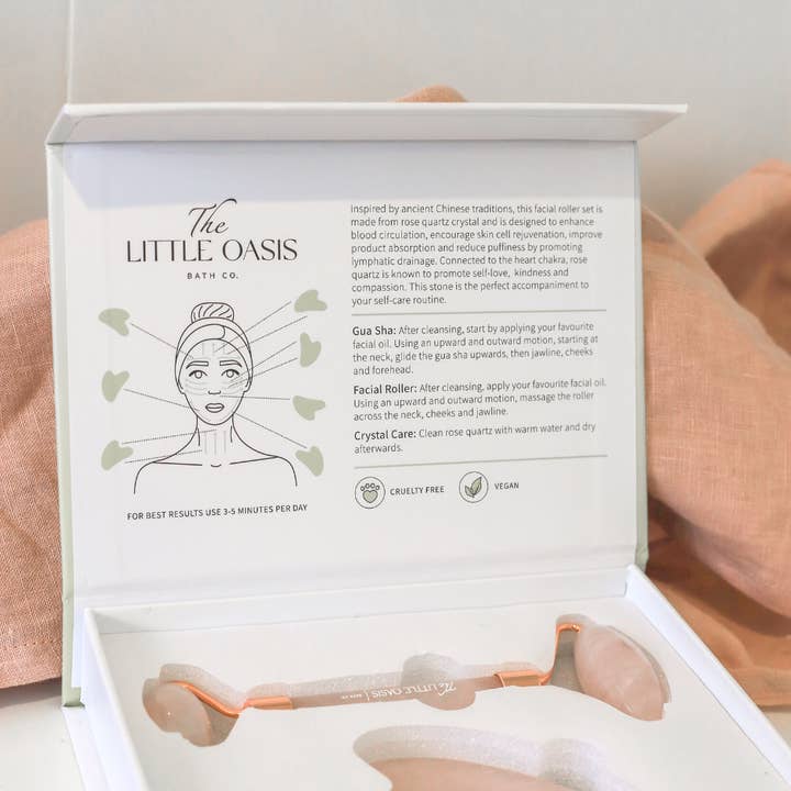 The Little Oasis Bath Co. - Wholesale Gua Sha tool - ROSE QUARTZ FACIAL ROLLER & GUA SHA SCULPTING SET3