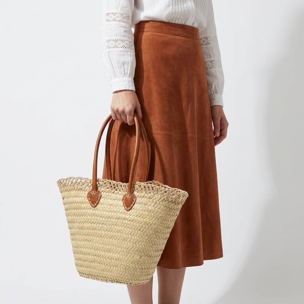 Melecraft - Vente Tote bag – femme - Panier de marché français en paille avec poignées en cuir5