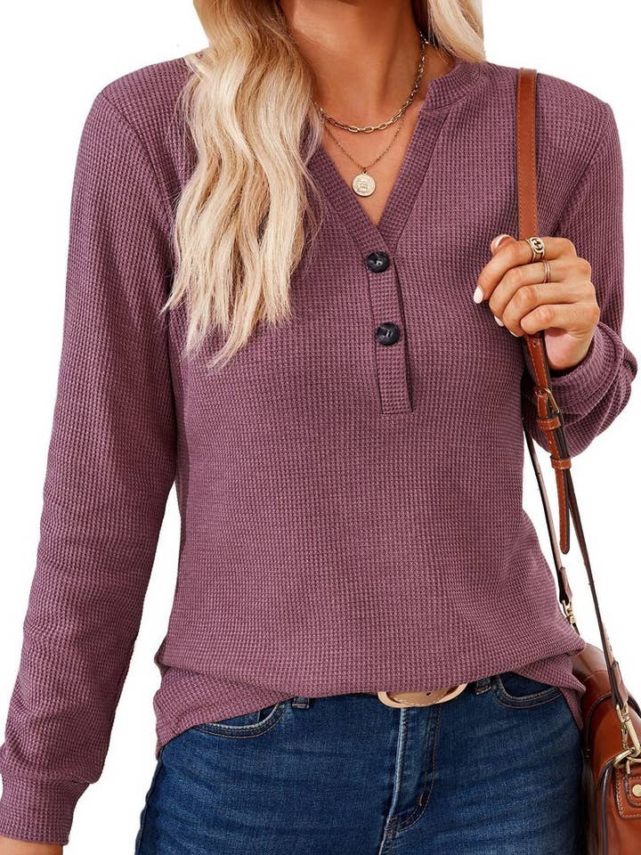 NINEXIS - Wholesale Blouse - Women's - CWTBLL01312_V NECK BUTTON SOLID LONG SLEEVE LOOSE TEE4