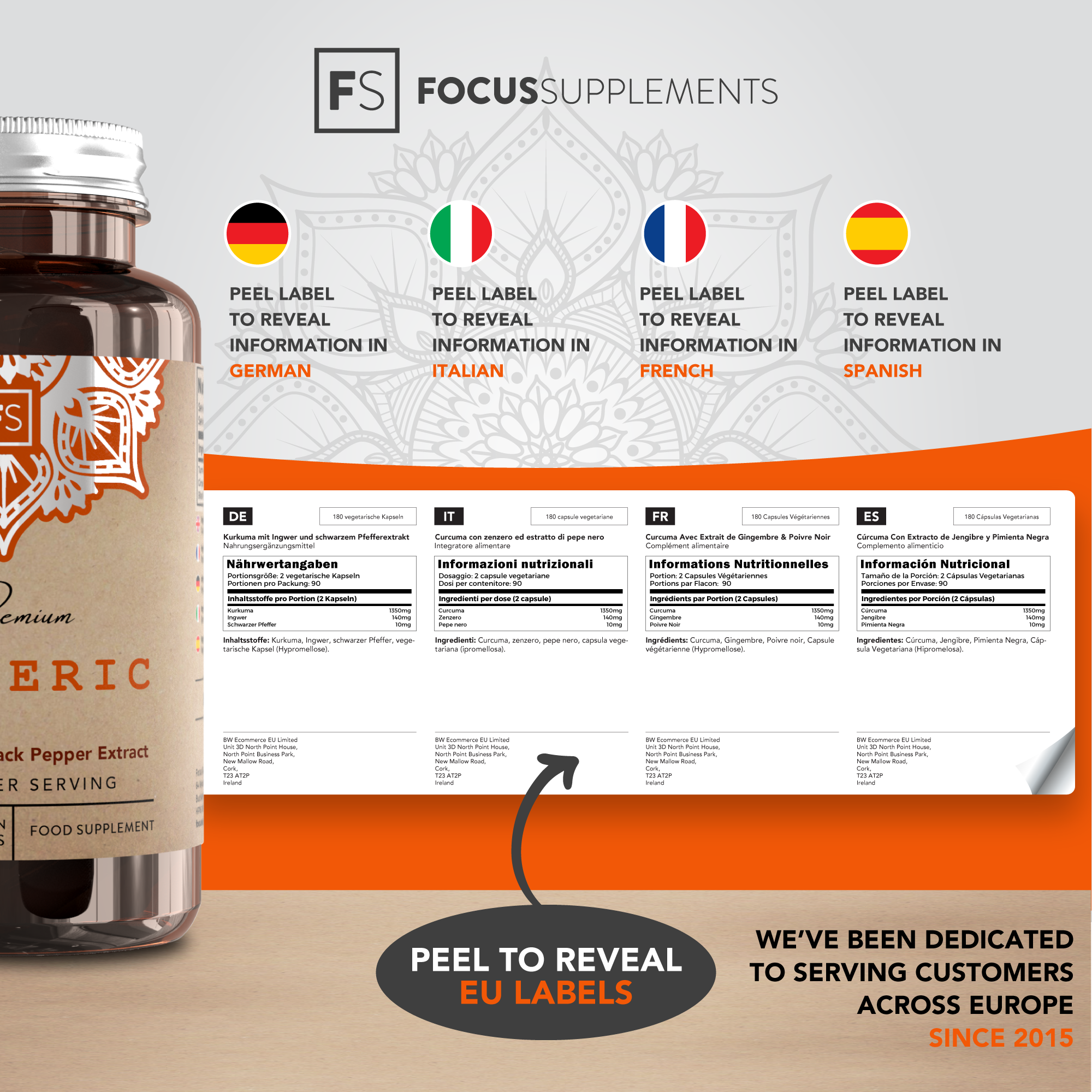 Focus Supplements - Venta al por mayor Suplementos/vitaminas para beber - Cúrcuma, Jengibre y Pimienta Negra (1500 mg) - 180 cápsulas2