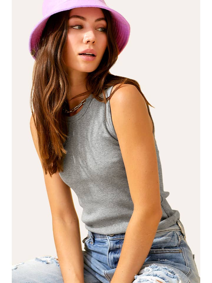 La Miel - Wholesale Tank Top - Women's - HUT7340-Stretchy Basic Ribbed Sleeveless Crew Neck Top35