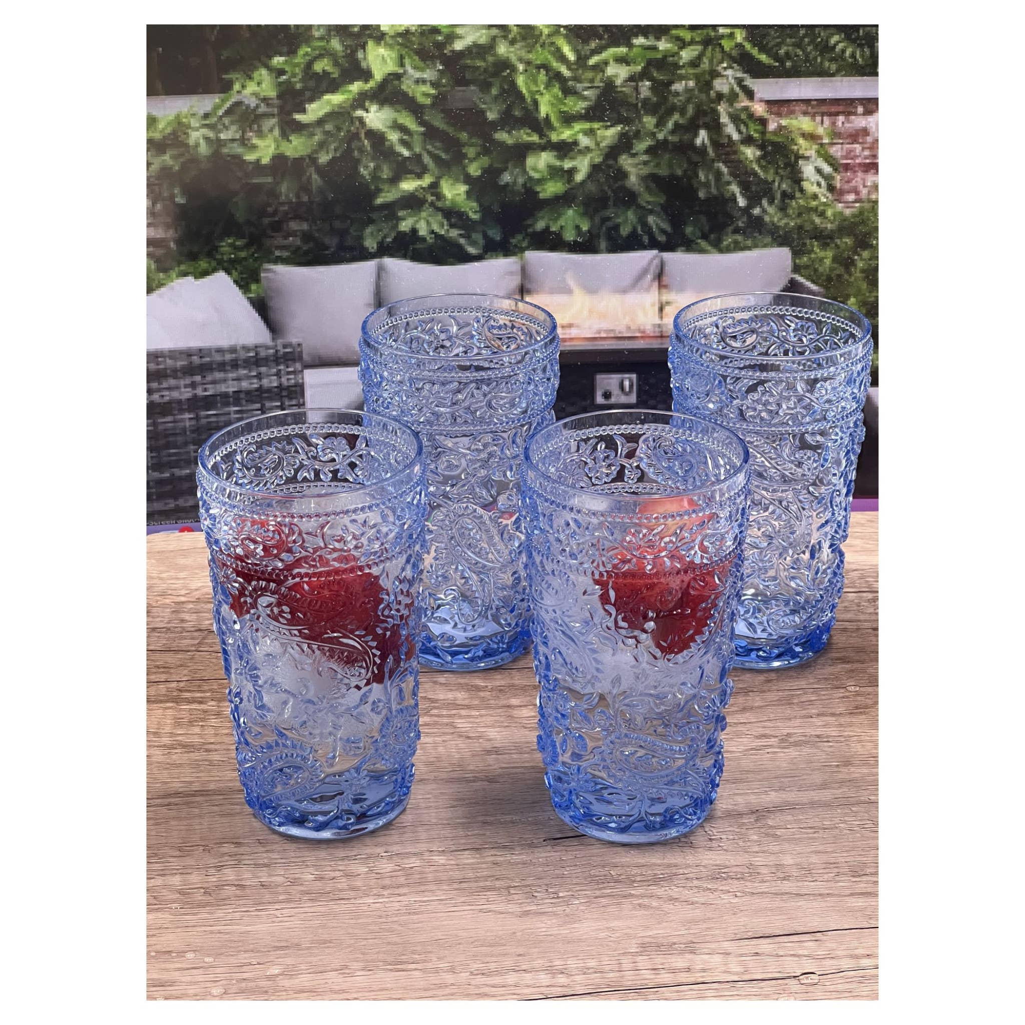 HomeRoots - Wholesale Cocktail/Liquor Glass - Set of Four Blue Paisley Acrylic Stemless Highball Glass3