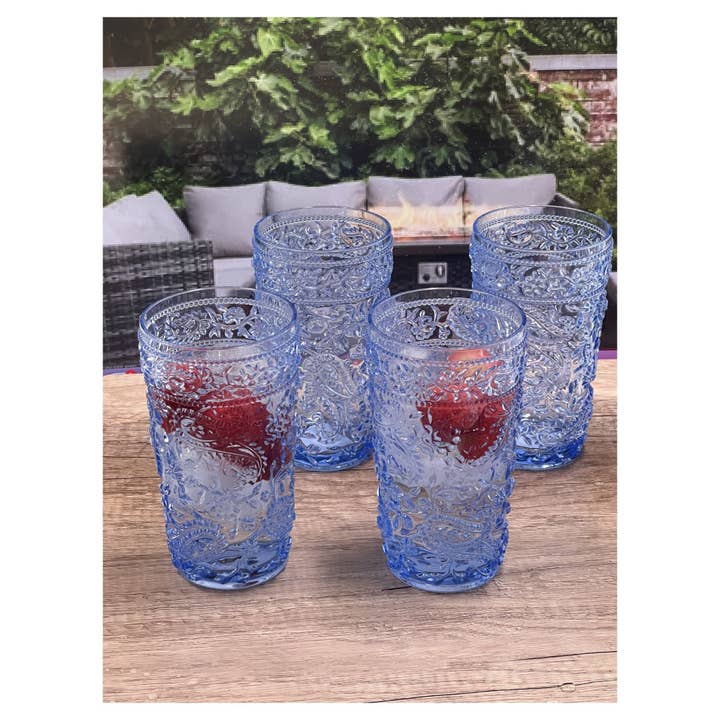 HomeRoots - Wholesale Cocktail/Liquor Glass - Set of Four Blue Paisley Acrylic Stemless Highball Glass3