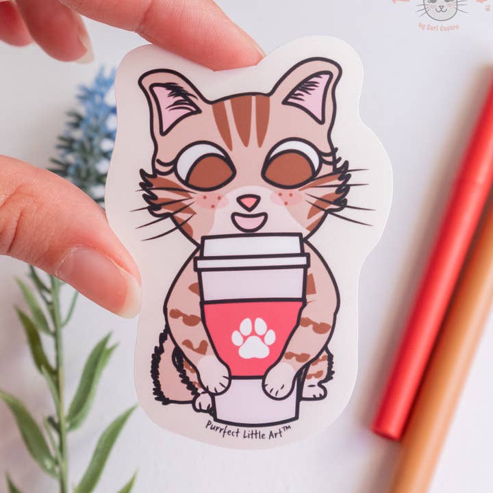 Adesivo Gatto Amante del Caffè | Adesivi Gatti Carini per la vendita all'ingrosso da parte di Purrfect Little Art