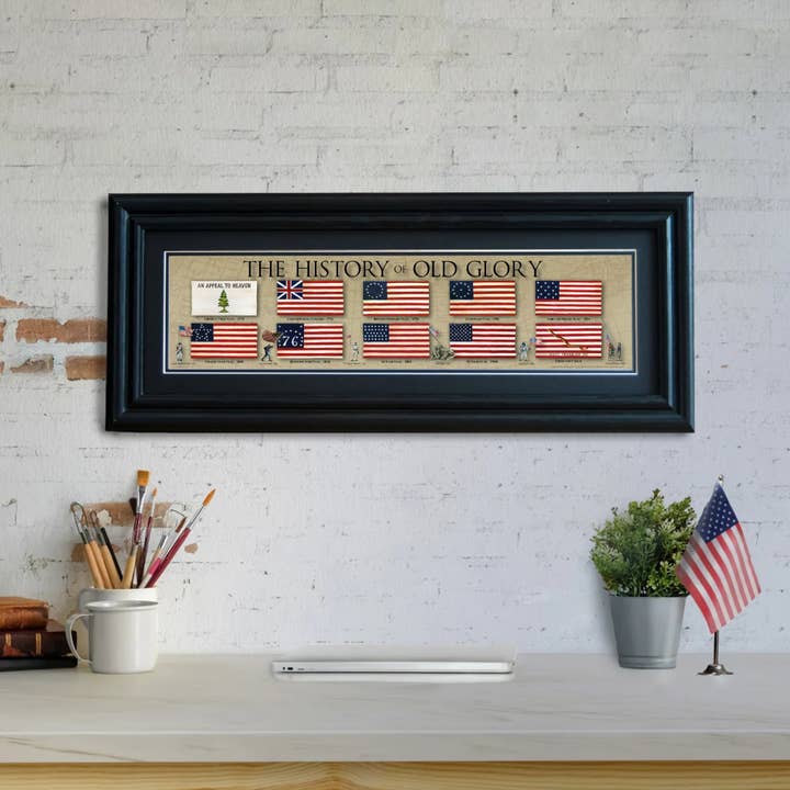 La historia de Old Glory - Enmarcado 2" con doble paspartú negro, moldura acanalada 6" x 24" para venta al por mayor de History America