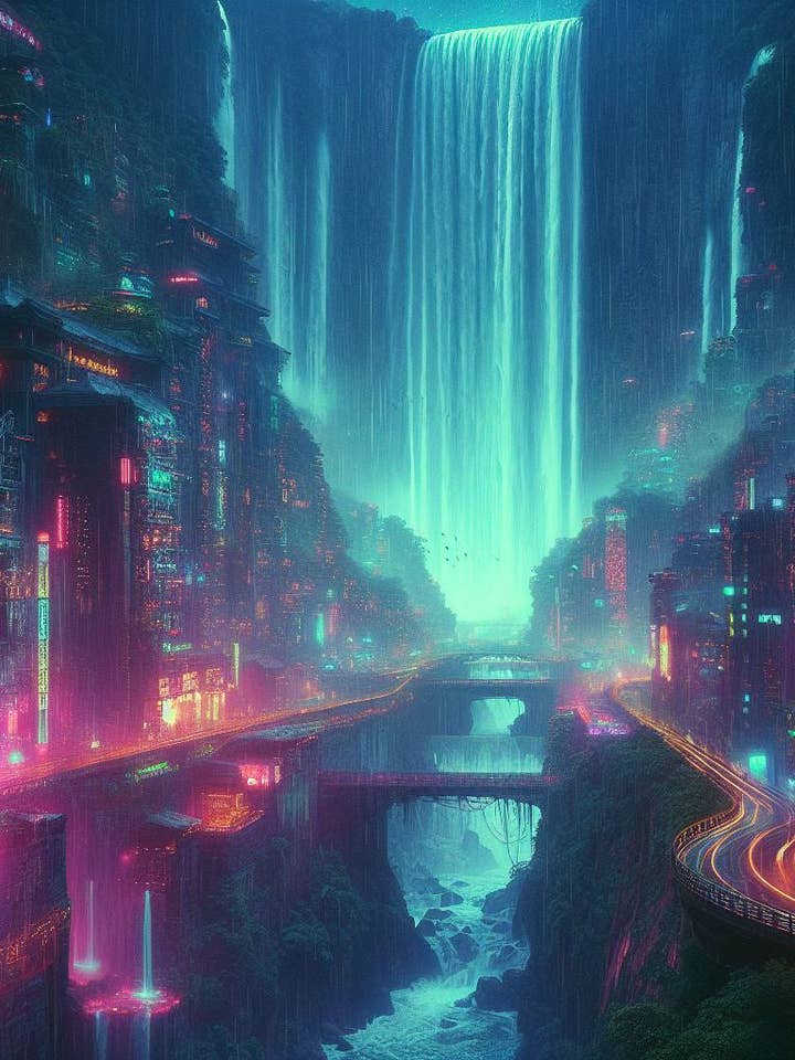 Cyberpunk Waterfall Digital Matte Painting II for wholesale by Keep Calm Collection
