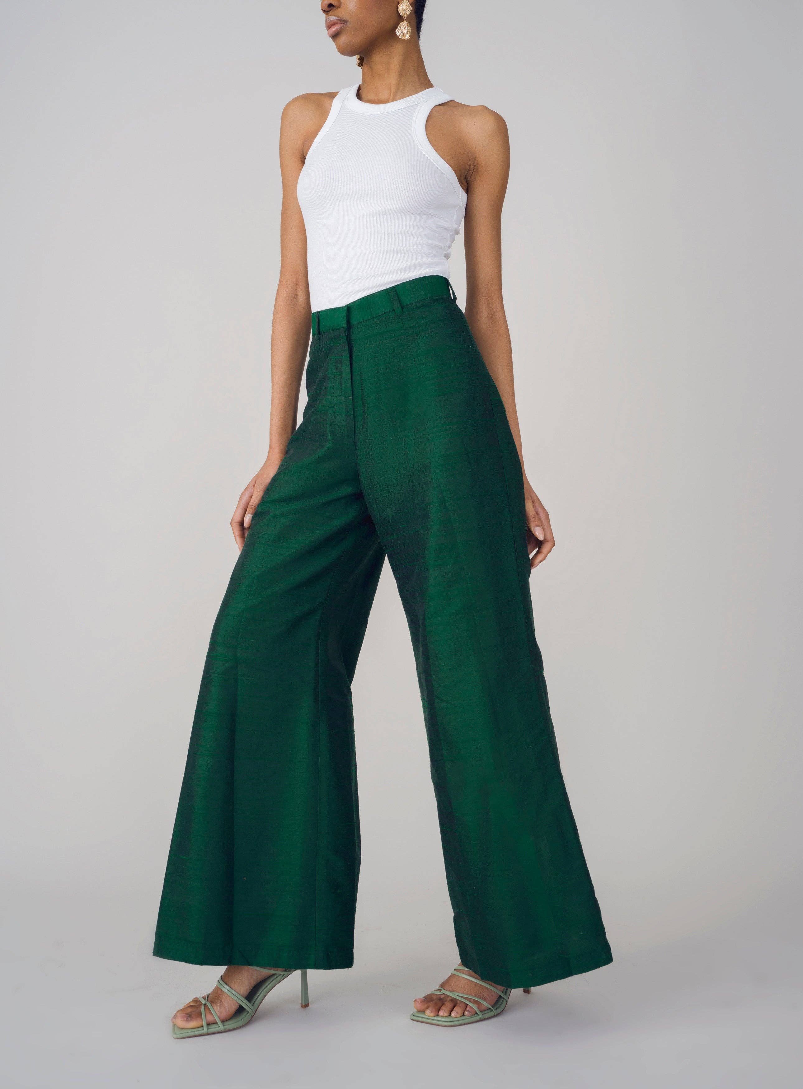 Green Isa Raw Silk Trousers for wholesale on Faire