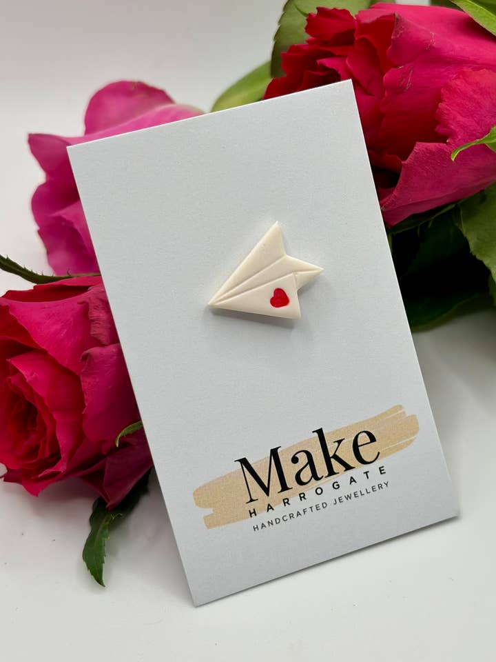 Sending Love - Paper Aeroplane Pin Badge for wholesale by Make Harrogate