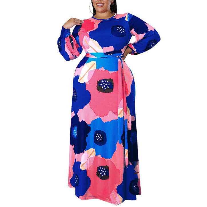 pinkblu02 - Wholesale Dress - Women's - Women Plus Size Long Sleeve Floral Print Round Neck Dress8