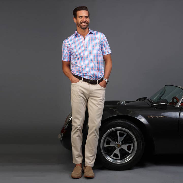 Collars & Co. - Wholesale Polo - Men's - Semi-Spread Collar Polo Nantucket Blue and Pink Gingham5