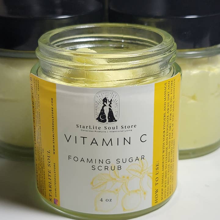 Vitamin C foaming sugar scrub, 4oz, private label for wholesale by Starlite Soul Store