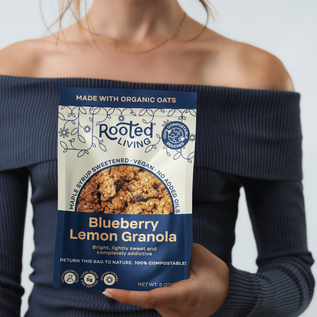 Rooted Living – wholesale Granola – Blåbär Citron Granola - 100% Komposterbar Påse (8oz)3
