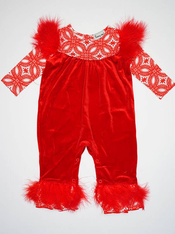 Poinsettia Red Velvet Romper for wholesale by Hello Bebes!