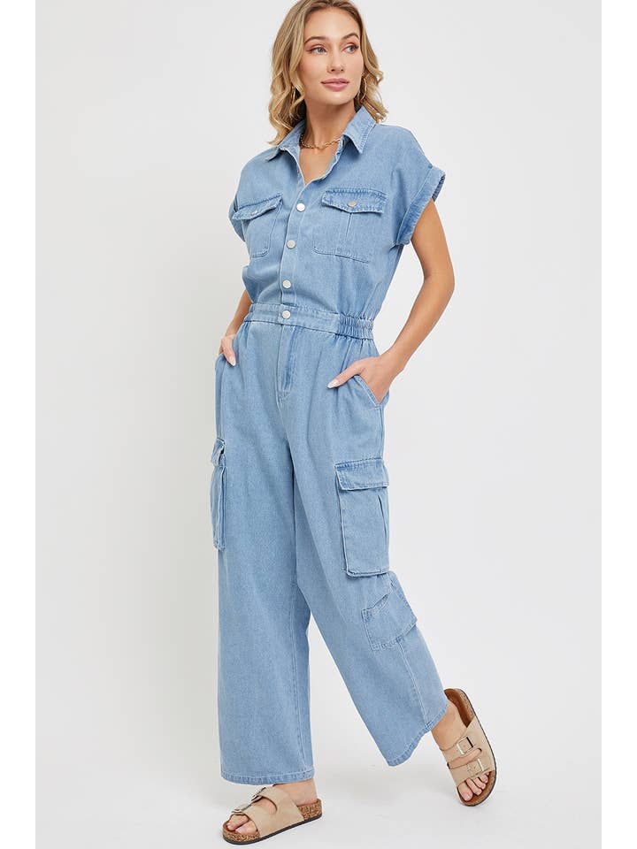 DENIM CARGO ONE-PIECE JUMPSUIT for wholesale on Faire