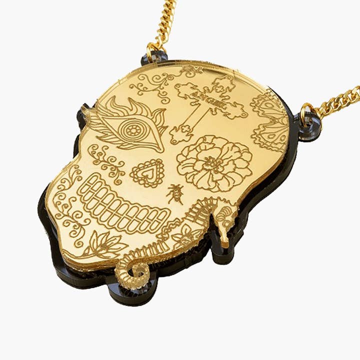 CATRINA NECKLACE SKULL / GOLD METALLIC ACRYLIC for wholesale by Rijkje Jewelry