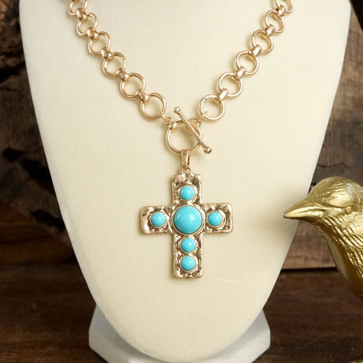 PennyLine inc - Wholesale Pendant/Charm Necklace - Primitive Cross Necklace – Worn Gold Tone with Acrylic Turquoise or Pearl Cabochons6