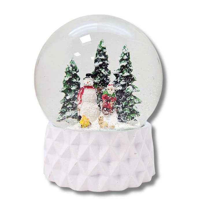 Boule à neige bonhomme de neige sur socle blanc cubique "PURE-Line" pour la vente par Schneekugelhaus