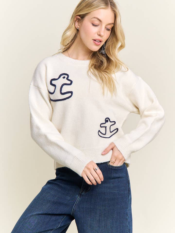 CESW4220-CREW NECK ANCHOR PATCH SWEATER for wholesale by ADORA LA