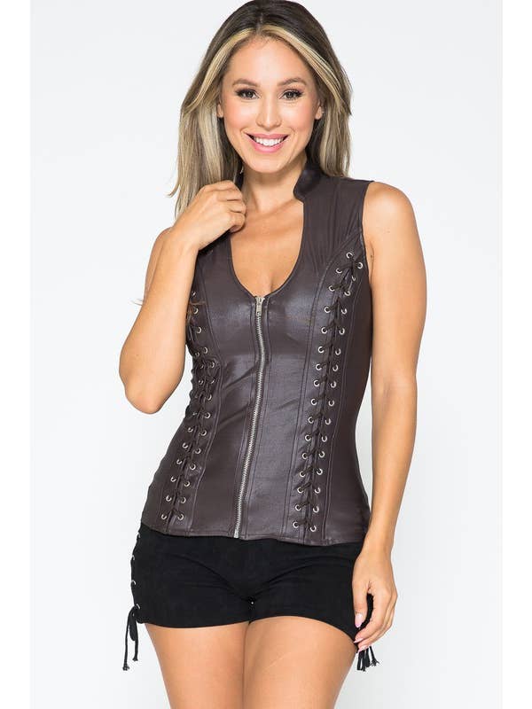 Lydia USA - Wholesale Blouse - Women's - Sexy Pleather Sleeveless Zip Up Top with Cross Cut19