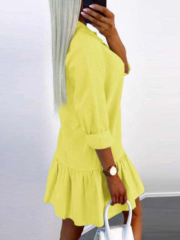 UZ Wholesale Store - Vendita all'ingrosso Vestito - Donna - Mini abiti a camicia con risvolto diviso in tinta unita plissettati a maniche lunghe7