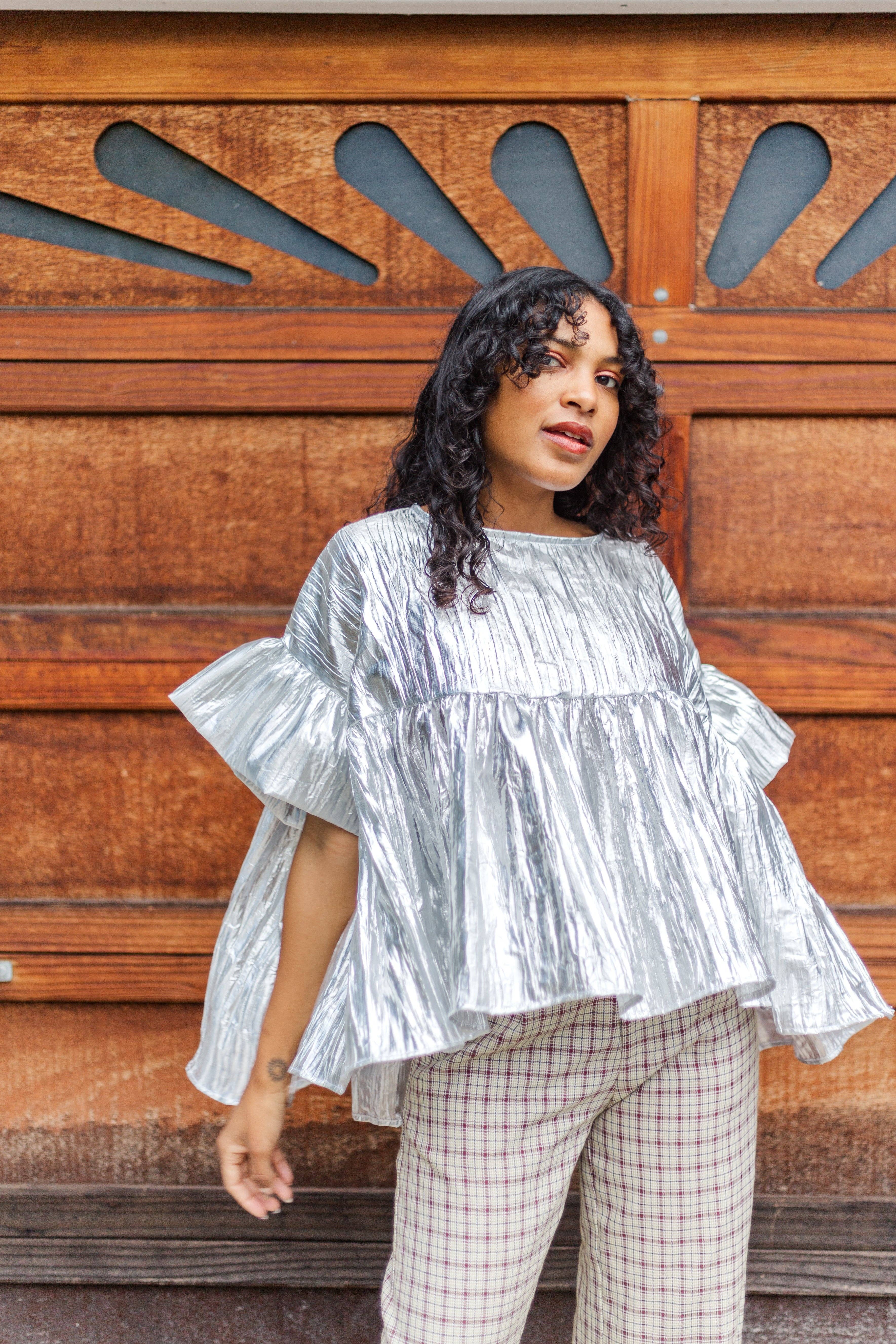 Nettle Studios - Wholesale Blouse - Women's - Size-Inclusive Plus Size Womens Silver Metallic Gathered Top23