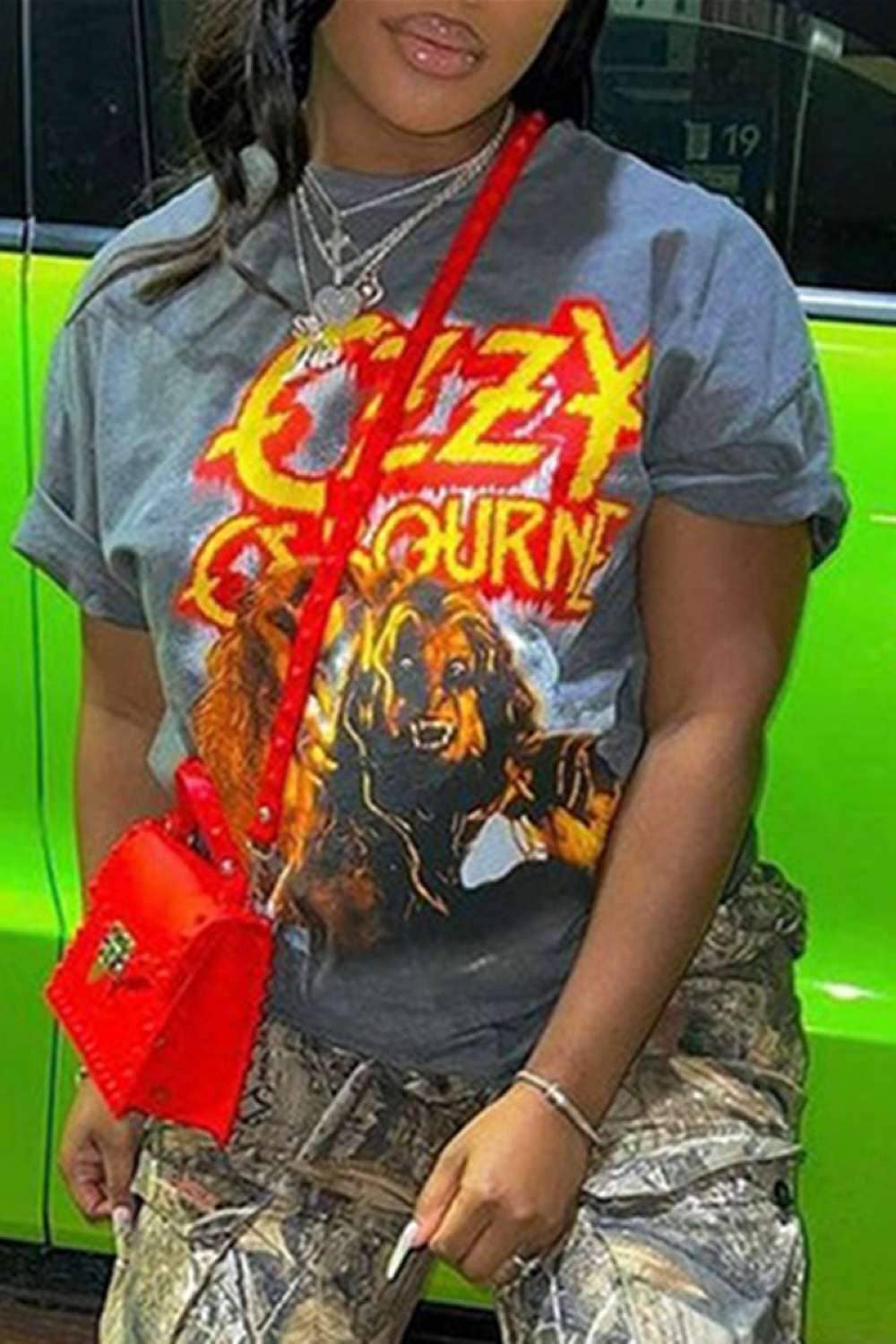 DARK GREY fashion casual print patchwork o neck t shirts for wholesale on Faire2