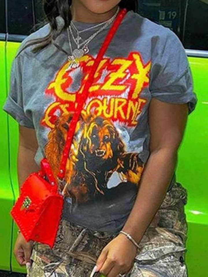 DARK GREY fashion casual print patchwork o neck t shirts for wholesale on Faire2