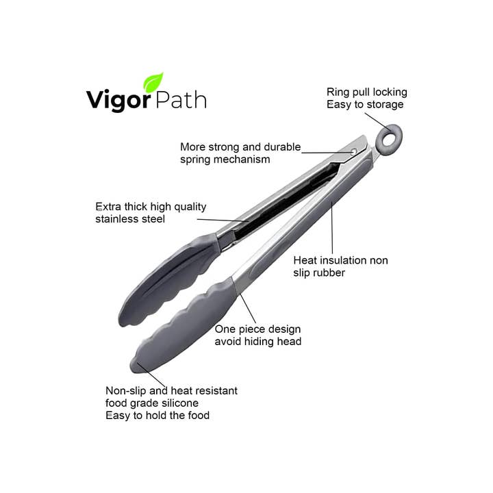 Vigor Path – wholesale Kitchen tong – 2-Pack of 9" (Small) & 12" (Large) Kitchen Tongs Set: Non-Stick Silicone-Stainless Steel Cooking Tongs, BPA Free, Heat Resistant (480°F) - Non-Slip Grip & Locking Metal Food Tongs (Grey)