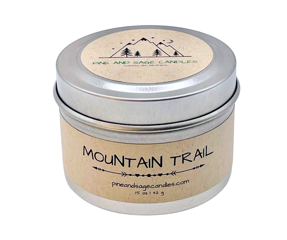 Pine and Sage Candles – Velas de viagem por atacado – Trilho da Montanha - Lata de Vela Preta Fosca de 6 oz1